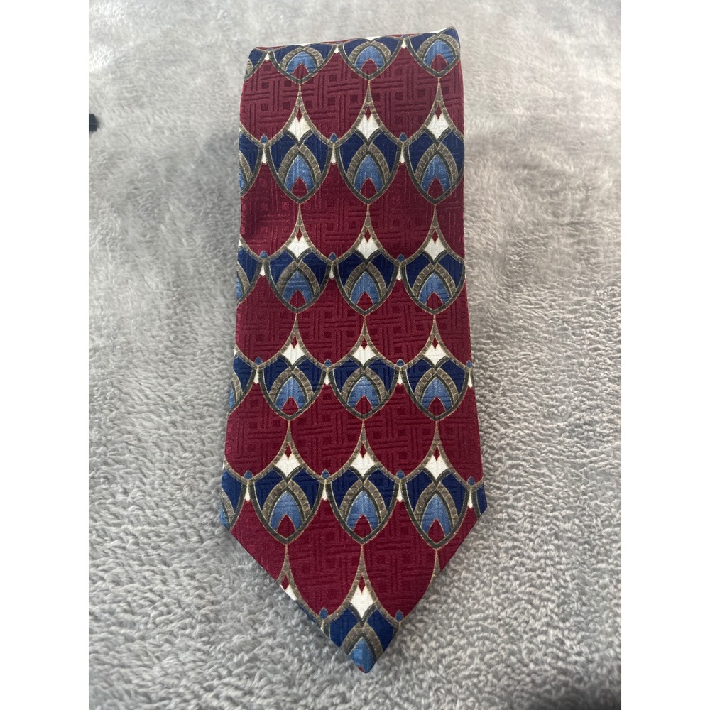 Boston Traders Men's 100% Silk Necktie Burgundy Blue Geometric Pattern - Picture 7 of 8